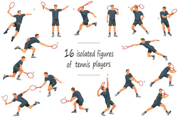 16 figures of tennis players in black T-shirts serving, receiving, hitting the ball, standing, jumping and running