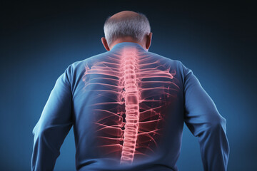The spine of an elderly man depicting back problems or back pain - obrazy, fototapety, plakaty