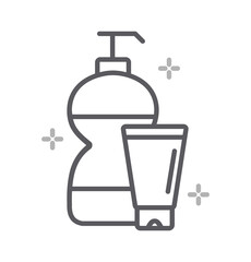 Liquid soap bottle with drop line icon. Shower gel. Negative space. Vector isolated illustration. transparent PNG