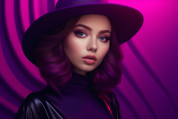 Fashion portrait of a model in front of a purple background