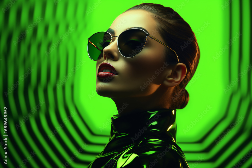 Wall mural fashion portrait of a model wearing sunglasses in front of a neon green background