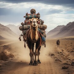 A camel caravan in the desert. Great for stories of adventure, the desert, Sahara, nomads, Middle East and more.  - obrazy, fototapety, plakaty