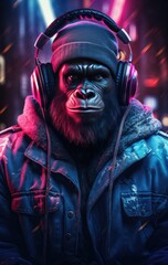 a purple haired ape in a black coat standing in a city at night, in the style of photo-realistic 