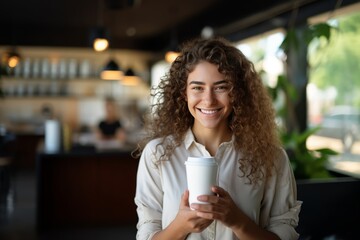 Curly-haired Woman Enjoying Coffee in Modern Cafe