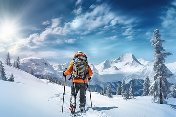 Naklejka na ściany i meble Mountaineer backcountry ski waling in the mountains. Ski touring in high alpine landscape with snowy trees. Adventure winter extreme sport.