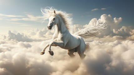 A white horse is flying above the clouds in the sky