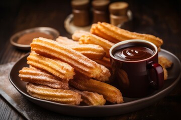 Indulgent Spanish Churros and Hot Chocolate on a Rustic Table