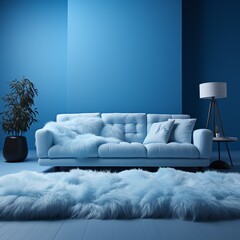 a blue room with a couch and a rug