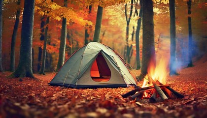 Idyllic autumn forest. Wonderful campsite with cozy bonfire for lifestyle weekend trip. travel and adventure concept