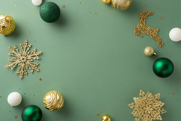 Stylish Christmas scene. Overhead shot featuring extravagant baubles, reindeer and snowflake...