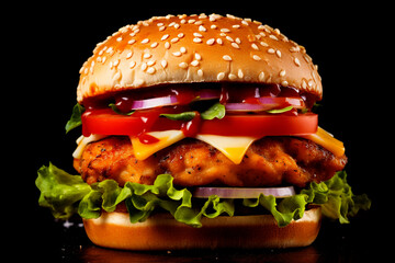 a chicken hot burger with lettuce, tomato, onion and tomato slices, a stock photo, featured on pexels, photorealism, stockphoto, stock photo, uhd image 