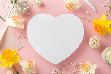 Embrace the love of spring with a heartfelt romantic letter. High-angle view displays tender narcissus and gypsophila branches and envelope on a rose background, suitable for text or promotion