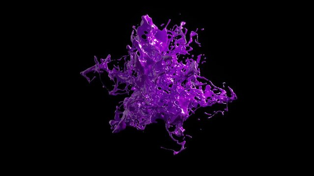 Purple liquid explosion in 3D animation, capturing a high-detail, dynamic splash against a stark black background.