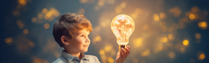 Child holding in his hand a light bulb. Concept of the having an idea. - obrazy, fototapety, plakaty