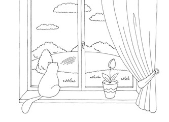Cat sitting on the windowsill graphic black white sketch illustration vector 