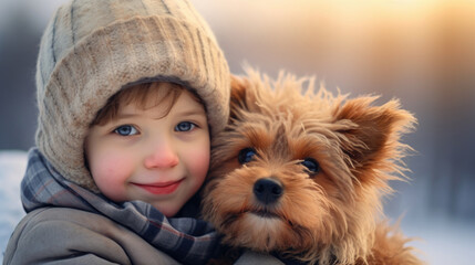 A boy and his dog, enjoying a snowy winter day