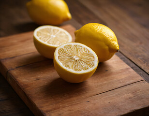 Lemons are on a wooden table.