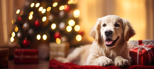 Joyful dog on a festive holiday card.