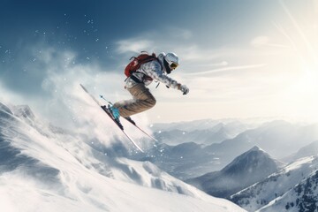 Naklejka na ściany i meble Skier jumping against blue sky. Freeride skiing. 