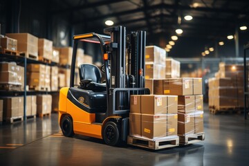 Retail warehouse with goods in boxes, with pallets and forklifts. Product distribution center