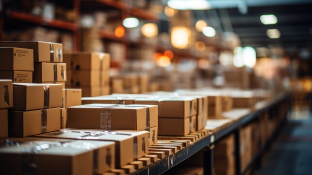 Retail Warehouse With Goods In Boxes, With Pallets And Forklifts. Product Distribution Center