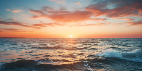 sunset over the sea.A sunset over the ocean with a blue sky and the sun setting over the horizon.AI Generative  - Powered by Adobe