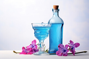 Obraz na płótnie Canvas Glass bottle of blue colored liquid placed near glass with refreshing cocktail with ice and flowers on table against white background