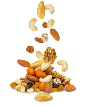 Falling nuts from top to bottom, isolated on a transparent background.