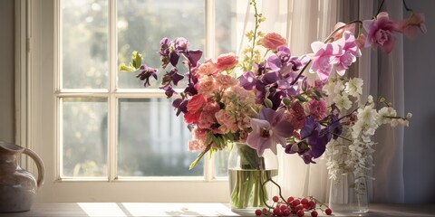 Place the flower arrangement in soft, natural light to enhance the vibrancy of the colors and capture the delicate play of light and shadows.