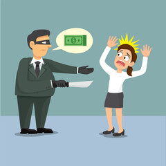 Thief businessman with knife in suit want money from other woman.illustration vector cartoon. 