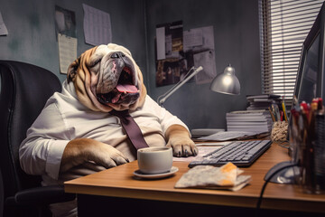funny work weekdays in the office. Stupid boss in the office stupid office workers. Dog office worker - obrazy, fototapety, plakaty