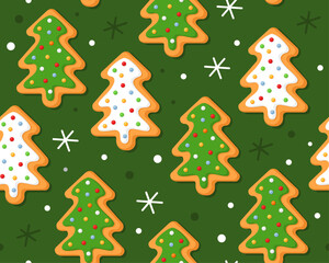 Seamless pattern with Christmas gingerbread cookies on a green background. Homemade Christmas cookies with sugar glazed. Pattern for New Year's wrapping paper, fabric. Christmas trees. 