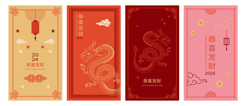 Chinese New year, Dragon new year. Story templates, envelopes design, greeting cards collection. Modern minimalist vector design