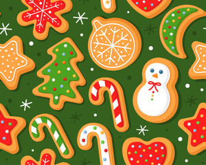 Seamless pattern with Christmas gingerbread cookies on a green background. Christmas tree, snowman, ball, candy, heart, snowflakes. Homemade Christmas cookies. Wrapping paper, decor, fabric. 