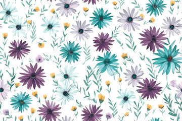 Fototapeta na wymiar Simple daisies purple flowers seamless pattern on white background. Chamomiles floral endless wallpaper. Vector illustration. Doodle style. Design for fabric design, textile print,