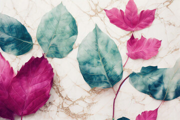 Green and pink leaves on marble background. Concept of natural elegance.