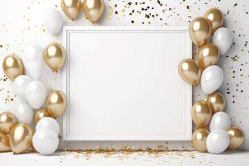 Fototapeta na wymiar A white frame with balloons and gold glitter on it