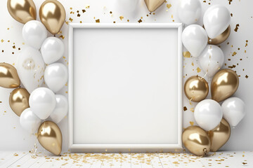 Fototapeta na wymiar A white frame with balloons and gold glitter on it