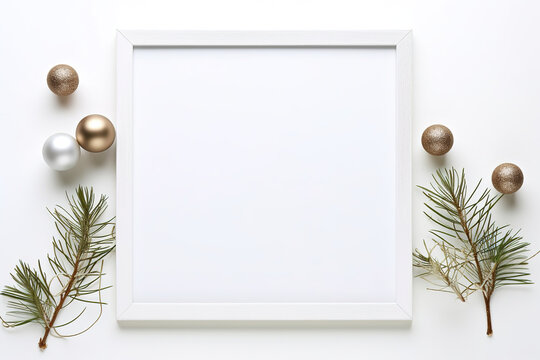 A white background with a white frame with christmas decorations.