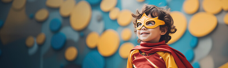 Abstract photography of the cute baby in costume of superhero. Concept of success and leadership.