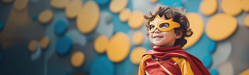 Tuinposter Abstract photography of the cute baby in costume of superhero. Concept of success and leadership. © LeManna