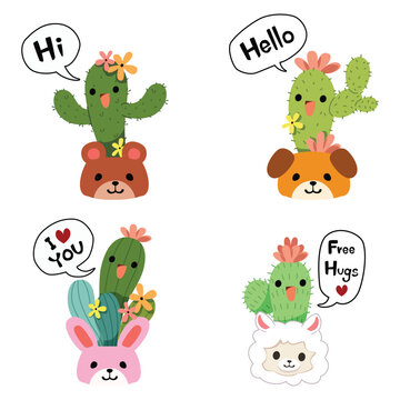 Set of cute cactus with colorful. Vector illustration.