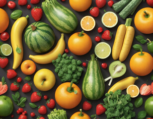 Vivid depictions of a variety of fresh fruits and vegetables, capturing their natural vibrancy and appealing qualities.