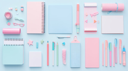 School supplies. Stylish stationery in pink and blue background