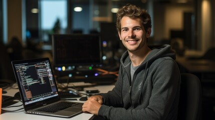 Portrait of a dedicated software developer smiling, with a laptop and coding screens in the background - obrazy, fototapety, plakaty