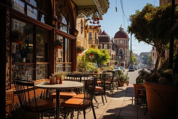 Fototapeta na wymiar Lively cafe scene in a historic neighborhood, Generative AI