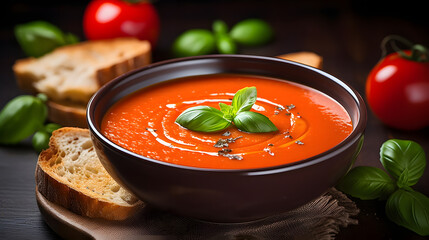 Classic tomato soup with fresh basil,photo for the restaurant menu, macro photo