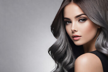 Fototapeta premium A gorgeous young girl's hair is dyed in a Ombre style, in the style of anthracite, gradient. Close Up of Hairstyle. Care and Hair Products.