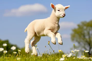 Fototapeten A young lamb full of the joys of spring jumping in the air © robert