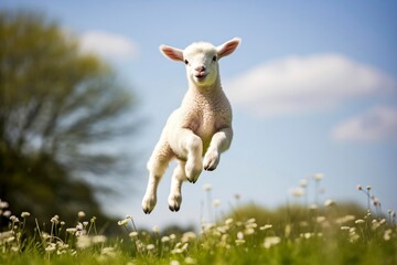 A young lamb full of the joys of spring jumping in the air